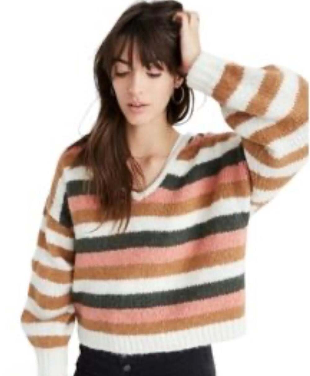Madewell Balloon-Sleeve Pullover Sweater in Mixed Stripes Alpaca Blend
